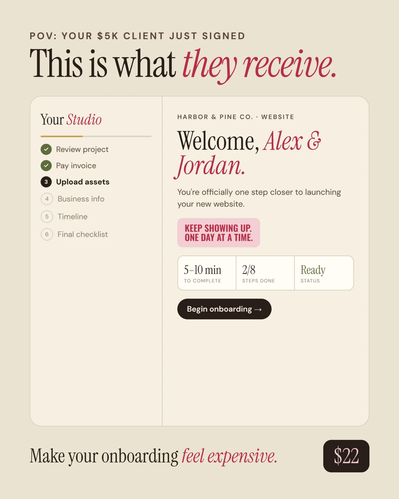 Client Onboarding Portal welcome screen with each onboarding step listed down the side